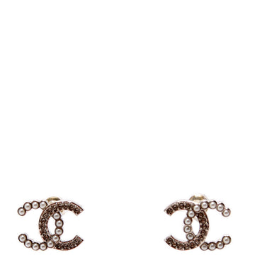 Chanel CC Crystal Pearl Stud Earrings Silver/Pearl