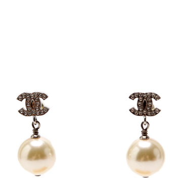 Chanel Crystal CC Pearl Drop Earrings Silver/Pearl