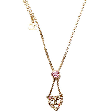 Chanel CC Pearl/Crystal Chain Link Heart Drop Necklace Gold/Pink