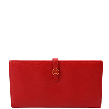 Chanel CC Button Long Wallet Grained CalBNkin 9M Red