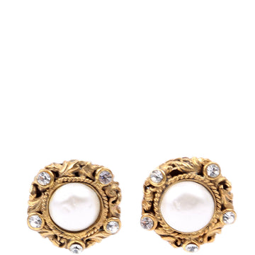 Chanel CC Rhinestone/Faux Pearl Clip On  Earrings Gold