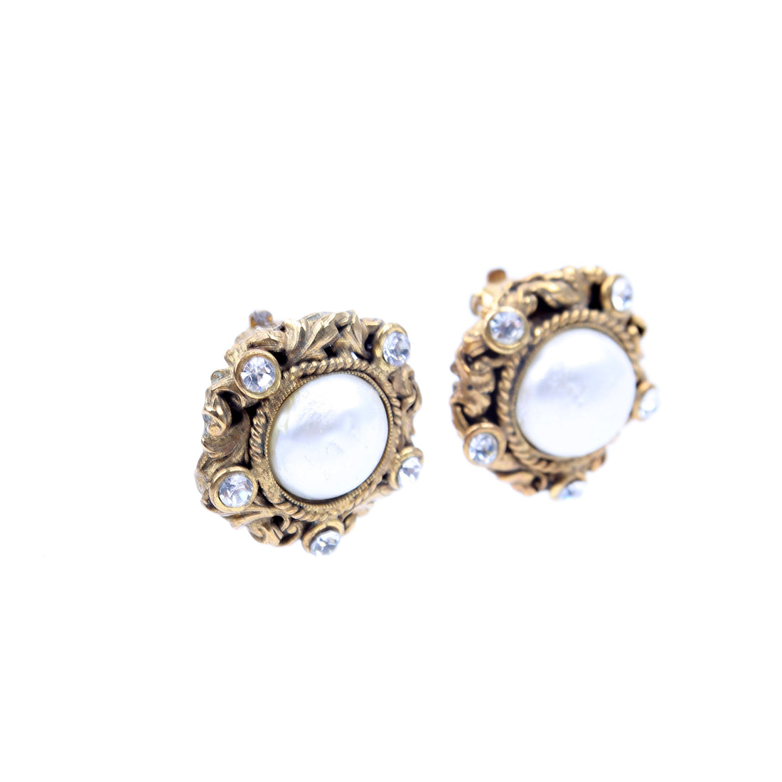 Chanel CC Rhinestone/Faux Pearl Clip On  Earrings Gold