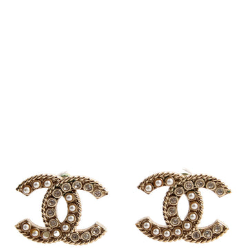 Chanel Crystal/Pearly CC Medium Stud Earrings Gold