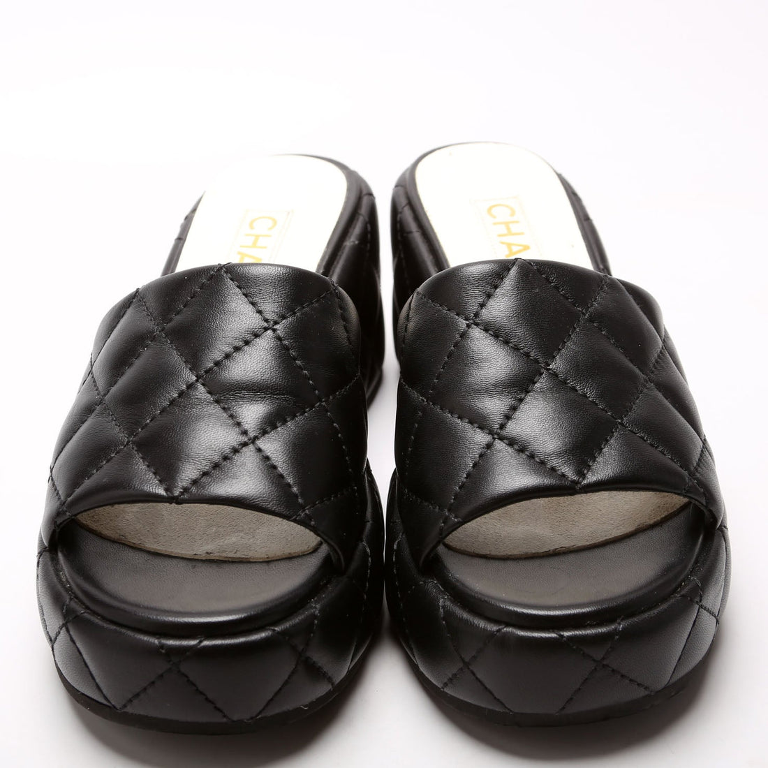 Chanel Camelia Quilted Lambskin Platform Mules Size 37 Black