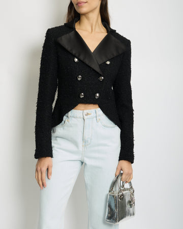*HOT* Pearl Street Bags Chanel 19K Black Metallic Tweed Cropped Blazer with Satin Collar and Snowflake Buttons Details&nbsp; Size FR 38 (UK 10) RRP ¬£5,800