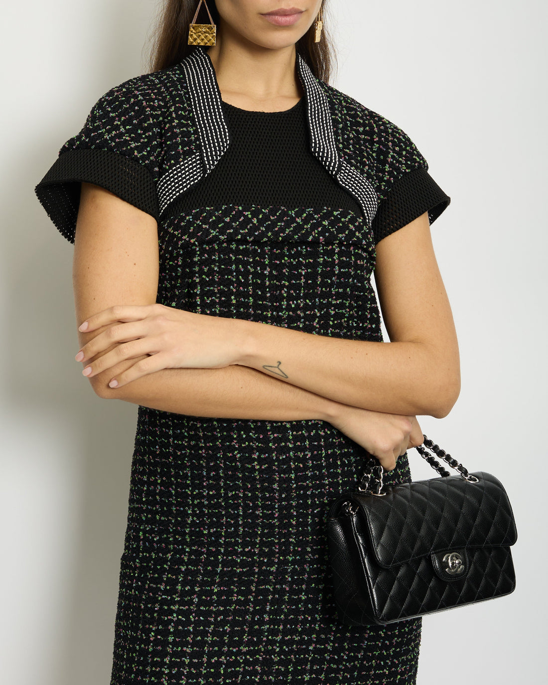 Pearl Street Bags Chanel Black, Green and Pink Tweed Midi Dress with Mesh Inserts Size FR 36 (UK 8)