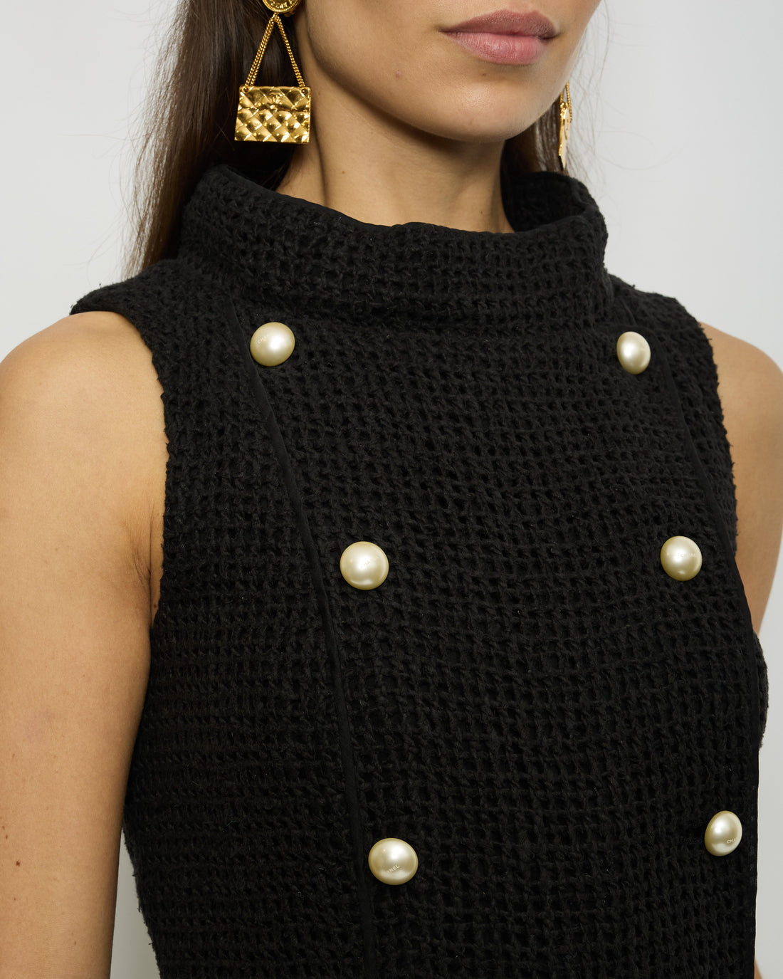 Pearl Street Bags Chanel Black Crochet Sleeveless Dress with Pearl Button Detail Size FR 36 (UK 8)