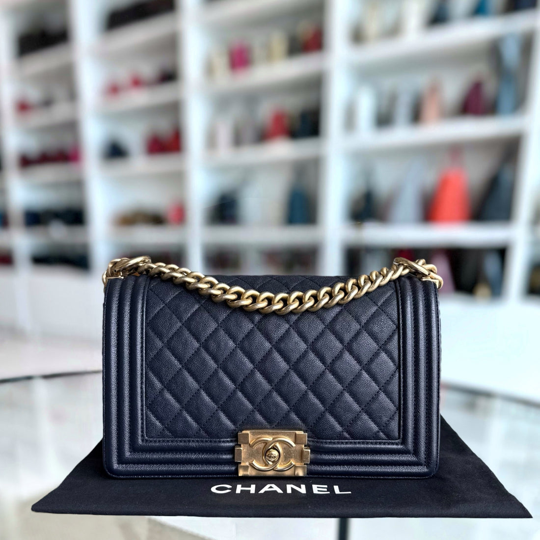 Chanel Boy Medium - Togo/epsom/caviar/clemence/callfskin/cowhide/lambskin 25CM Quilted Midnight Dark Blue Gold Hardware Series 27
