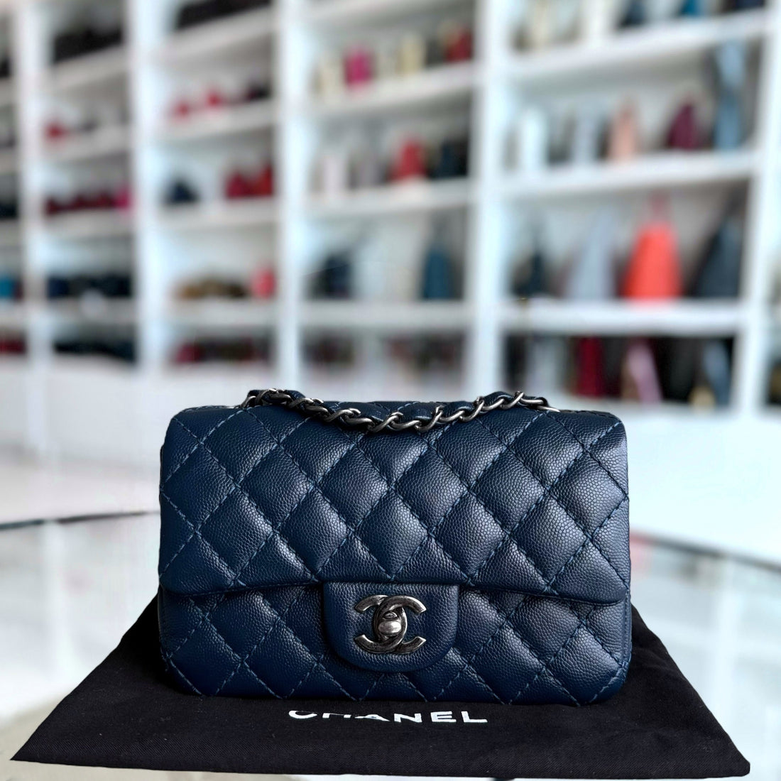 Chanel Classic Flap Mini Rectangle - Togo/epsom/caviar/clemence/callfskin/cowhide/lambskin 20CM Quilted Dark Blue Ruthenium Silver Hardware Series 23