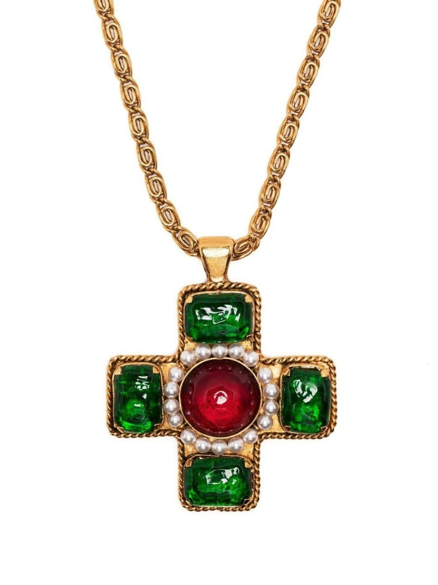 Top Quality Chanel Cabochon Maltese Cross Pendant Necklace