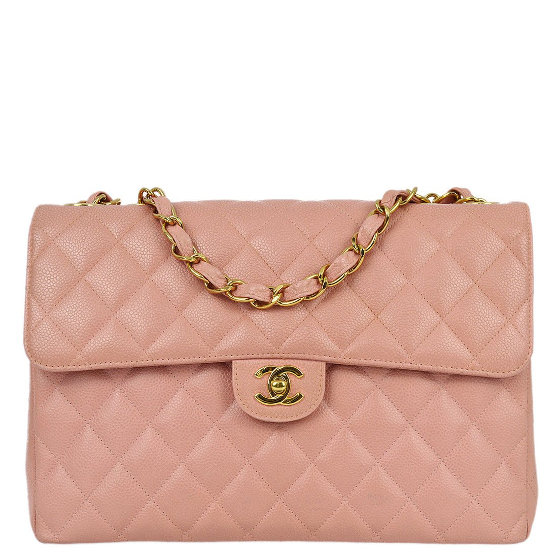 Chanel 2003-2004 Pink Caviar Jumbo Classic Flap Shoulder Bag