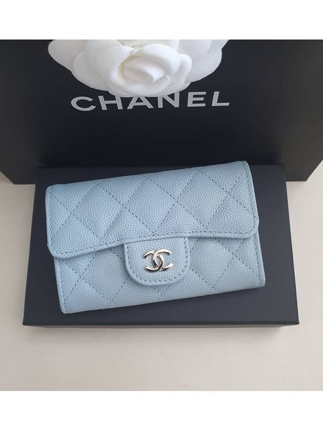 Classic Grained Shiny CalBNkin Card Wallet Light Blue Chanel