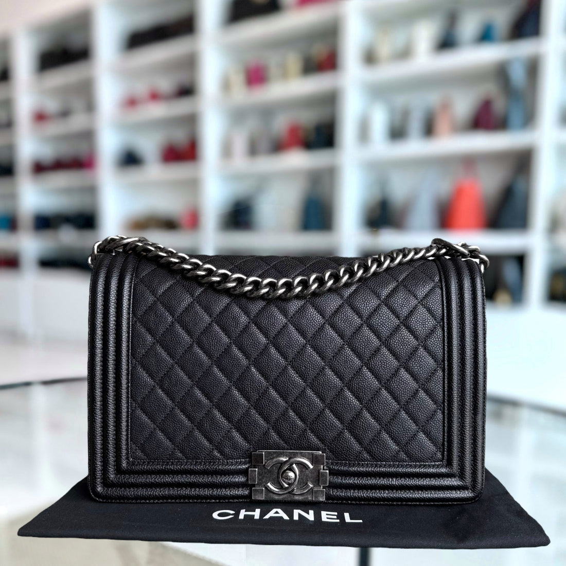 Chanel Boy Medium - Togo/epsom/caviar/clemence/callfskin/cowhide/lambskin 28CM New Medium Quilted Black Ruthenium Silver Hardware Series 23