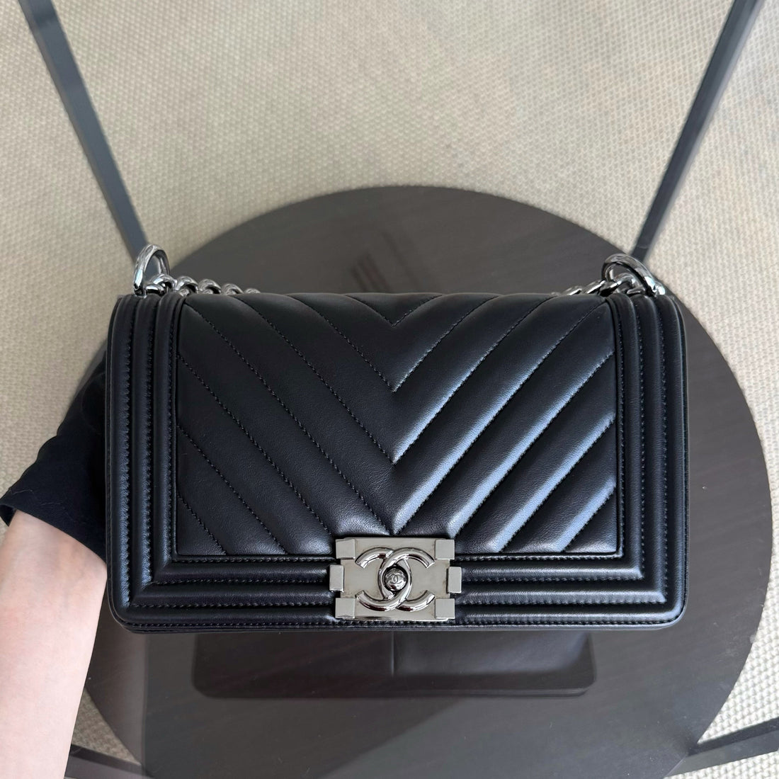 Chanel Boy Medium - 25CM Quilted CalBNkin Black Dark Silver Hardware Series 25