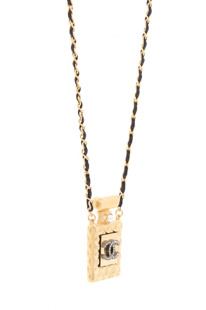 Chanel Gold Perfume Bottle Leather Chain Necklace