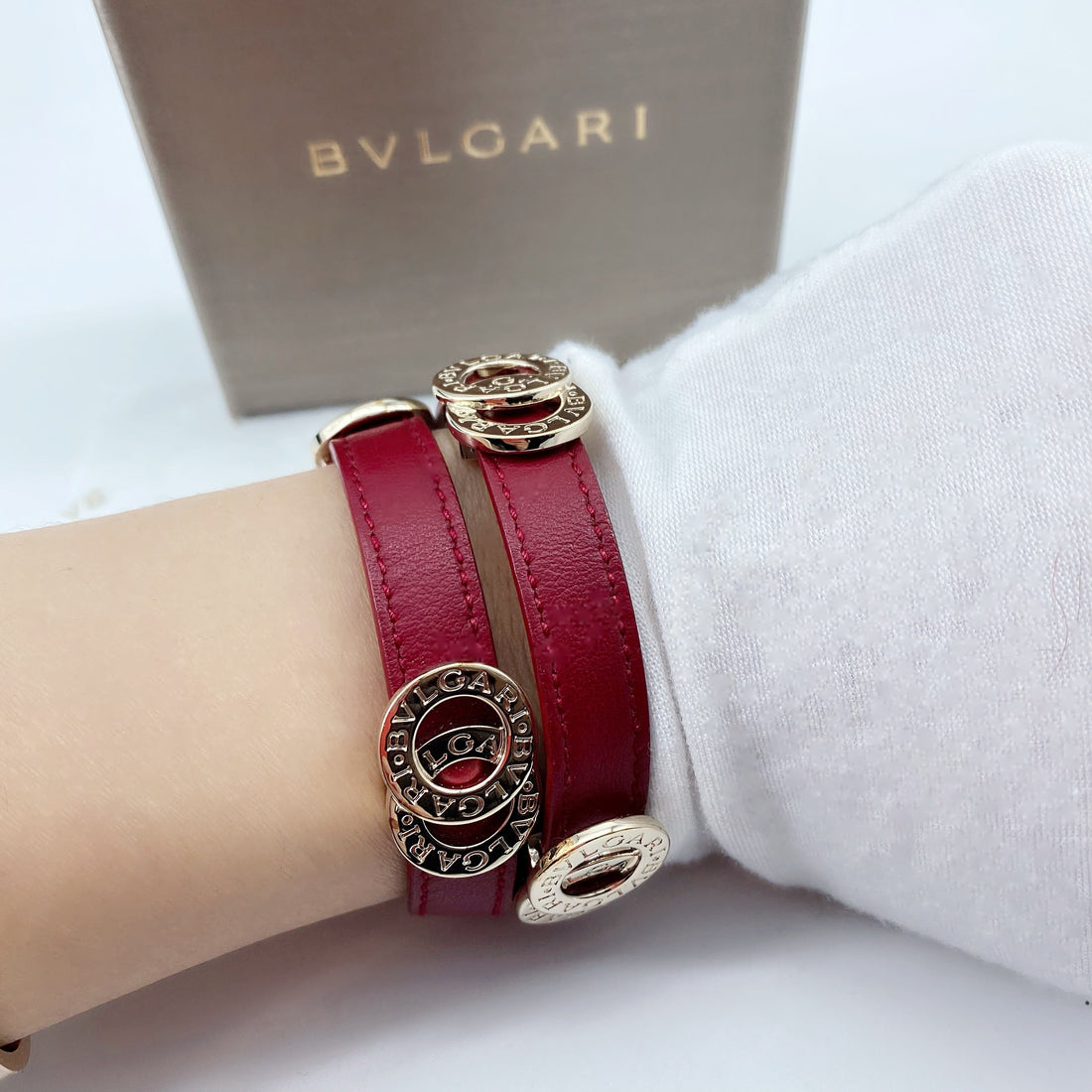 Bvlgari Red Leather Double Coiled Gold Plated Bracelet