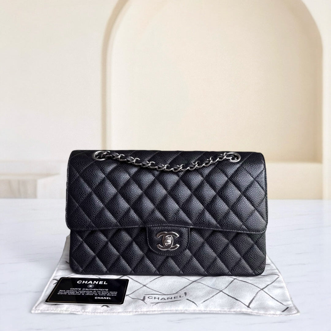 Chanel Classic Flap Medium - Togo/epsom/caviar/clemence/callfskin/cowhide/lambskin 25CM Quilted Grained CalBNkin Black Silver Hardware Series 21