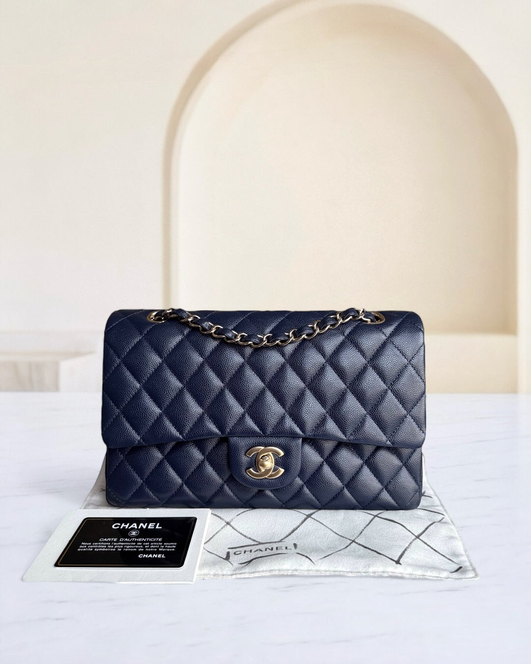 Chanel Classic Flap Medium - Togo/epsom/caviar/clemence/callfskin/cowhide/lambskin 25CM Quilted Grained CalBNkin Dark Navy Blue Gold Hardware Series 31
