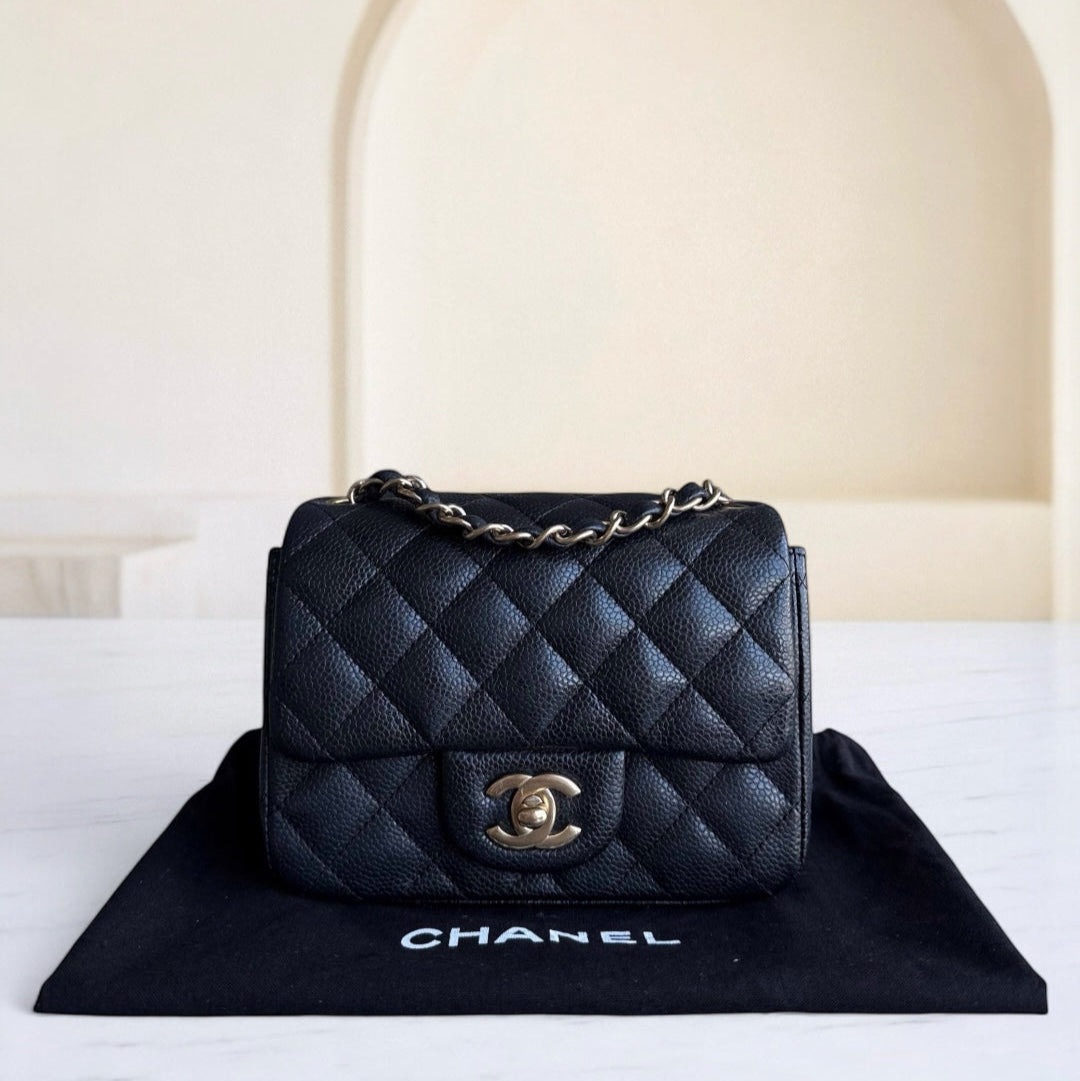 Chanel Classic Flap Mini Square - Togo/epsom/caviar/clemence/callfskin/cowhide/lambskin Quilted Grained CalBNkin Black Gold Hardware Series 20
