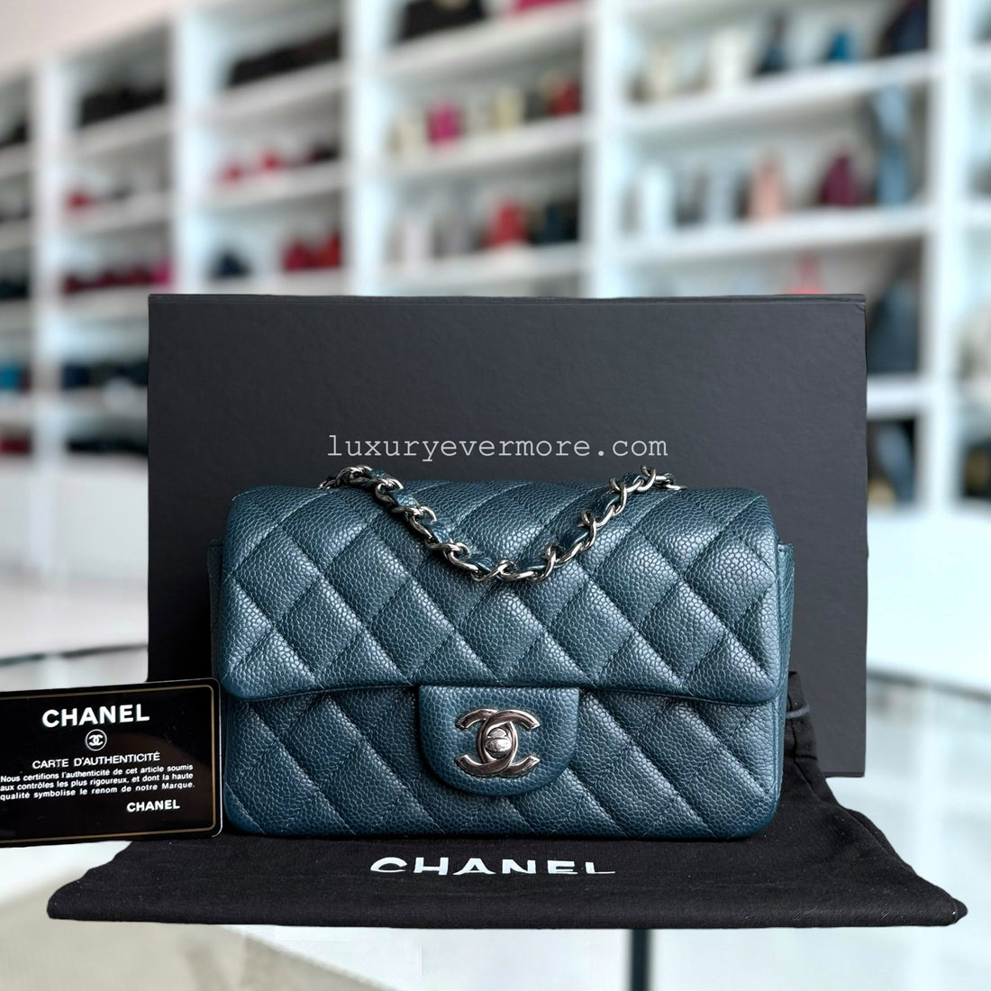 Chanel Classic Flap Mini - Togo/epsom/caviar/clemence/callfskin/cowhide/lambskin 20CM Rectangle Quilted Dark Green Blue Silver Hardware Series 20
