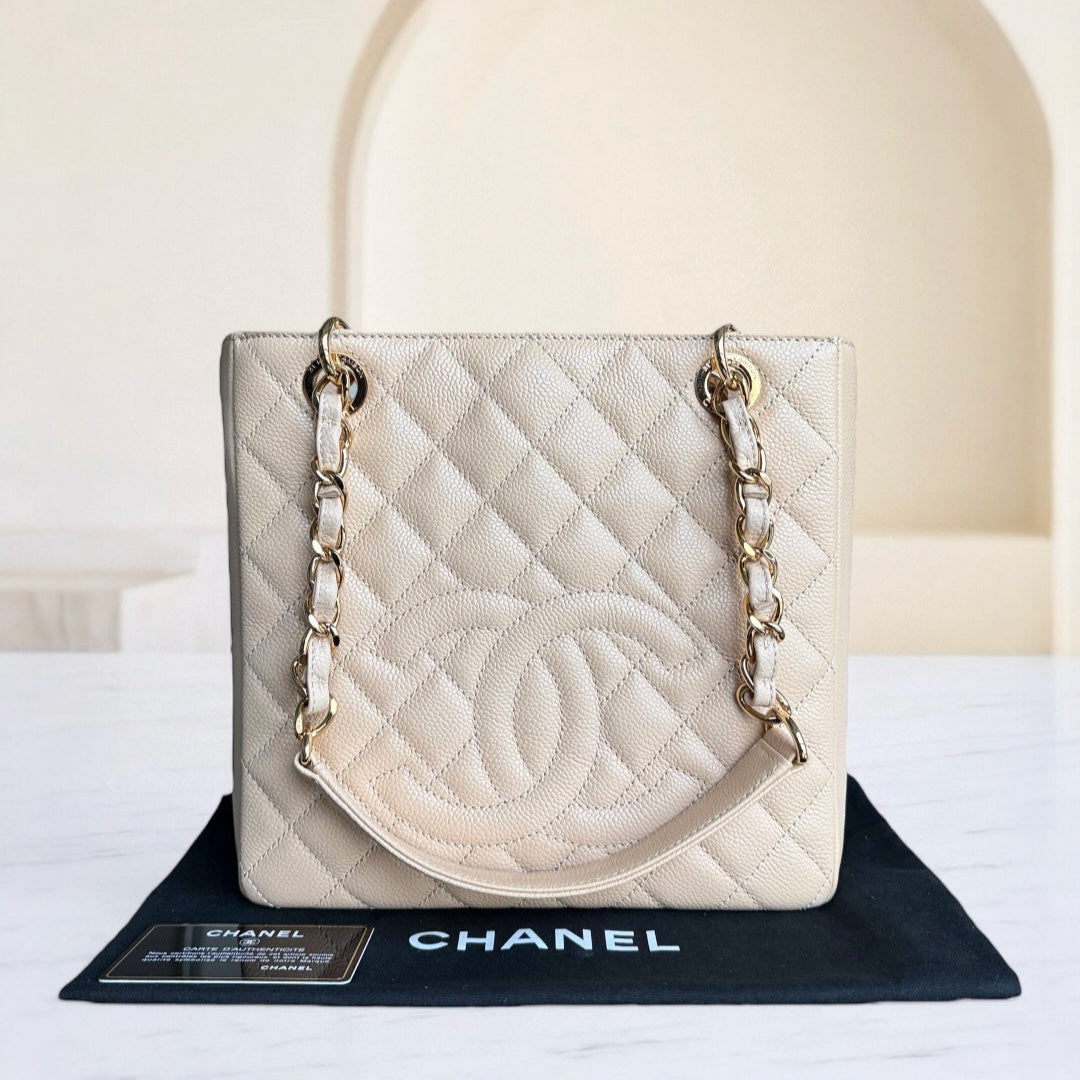 Chanel PST Petite Shopping Tote - Togo/epsom/caviar/clemence/callfskin/cowhide/lambskin Quilted Grained CalBNkin Beige Gold Hardware Series 15
