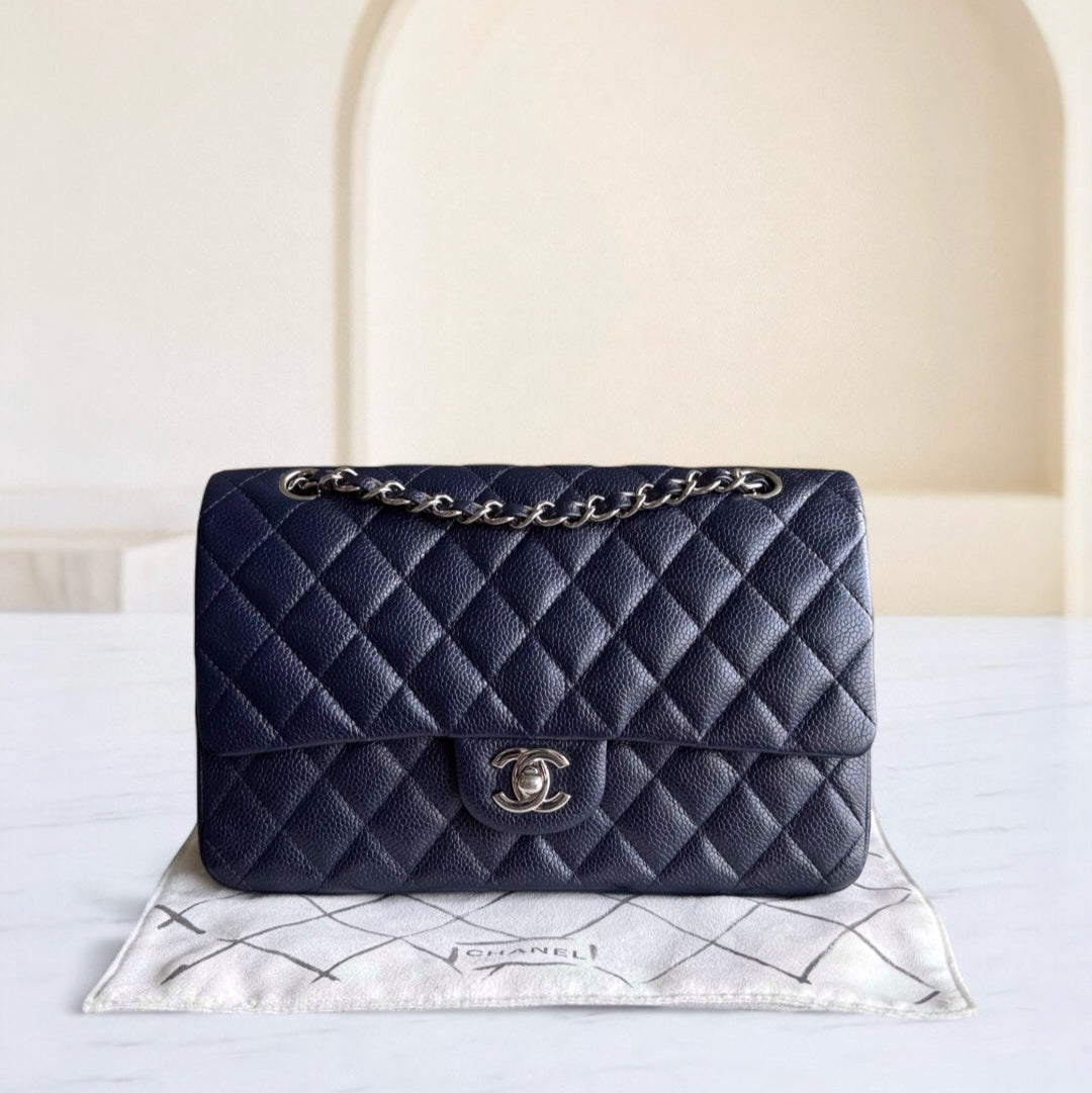 Chanel Classic Flap Medium - Togo/epsom/caviar/clemence/callfskin/cowhide/lambskin Quilted Grained CalBNkin Dark Blue Silver Hardware Series 19