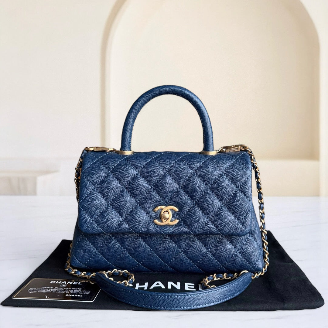 Chanel Coco Handle Small - Togo/epsom/caviar/clemence/callfskin/cowhide/lambskin Quilted Grained CalBNkin Dark Blue Gold Hardware Series 25