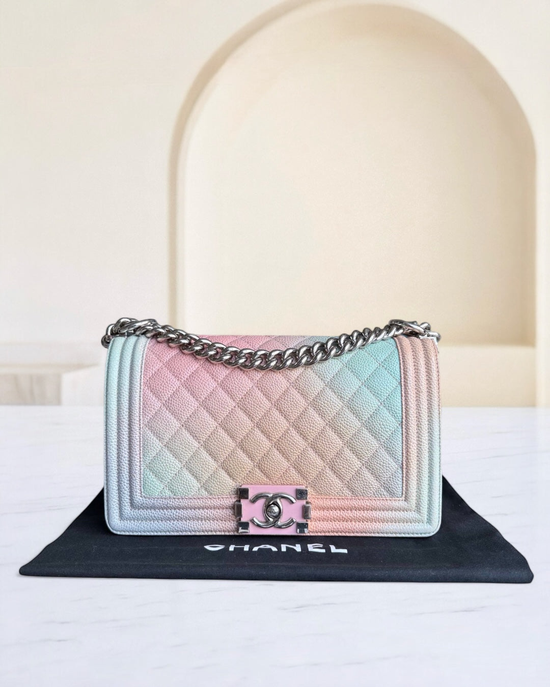 Chanel Boy Medium - 25CM Quilted Grained CalBNkin Rainbow Limited Edition Silver Hardware Series 25