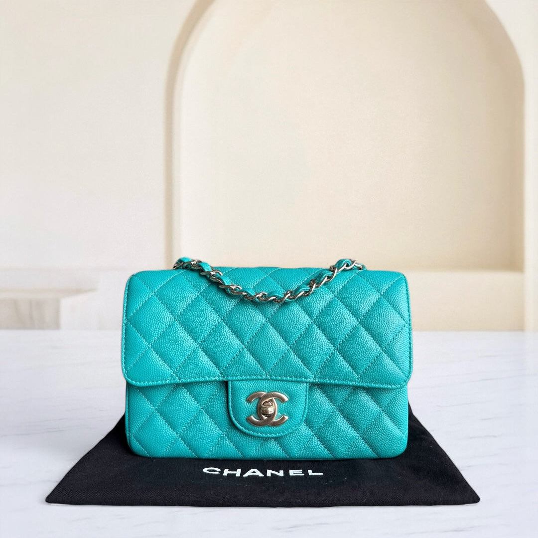 Chanel Classic Flap Mini - Togo/epsom/caviar/clemence/callfskin/cowhide/lambskin Quilted Grained CalBNkin Cyan Gold Hardware Series 23