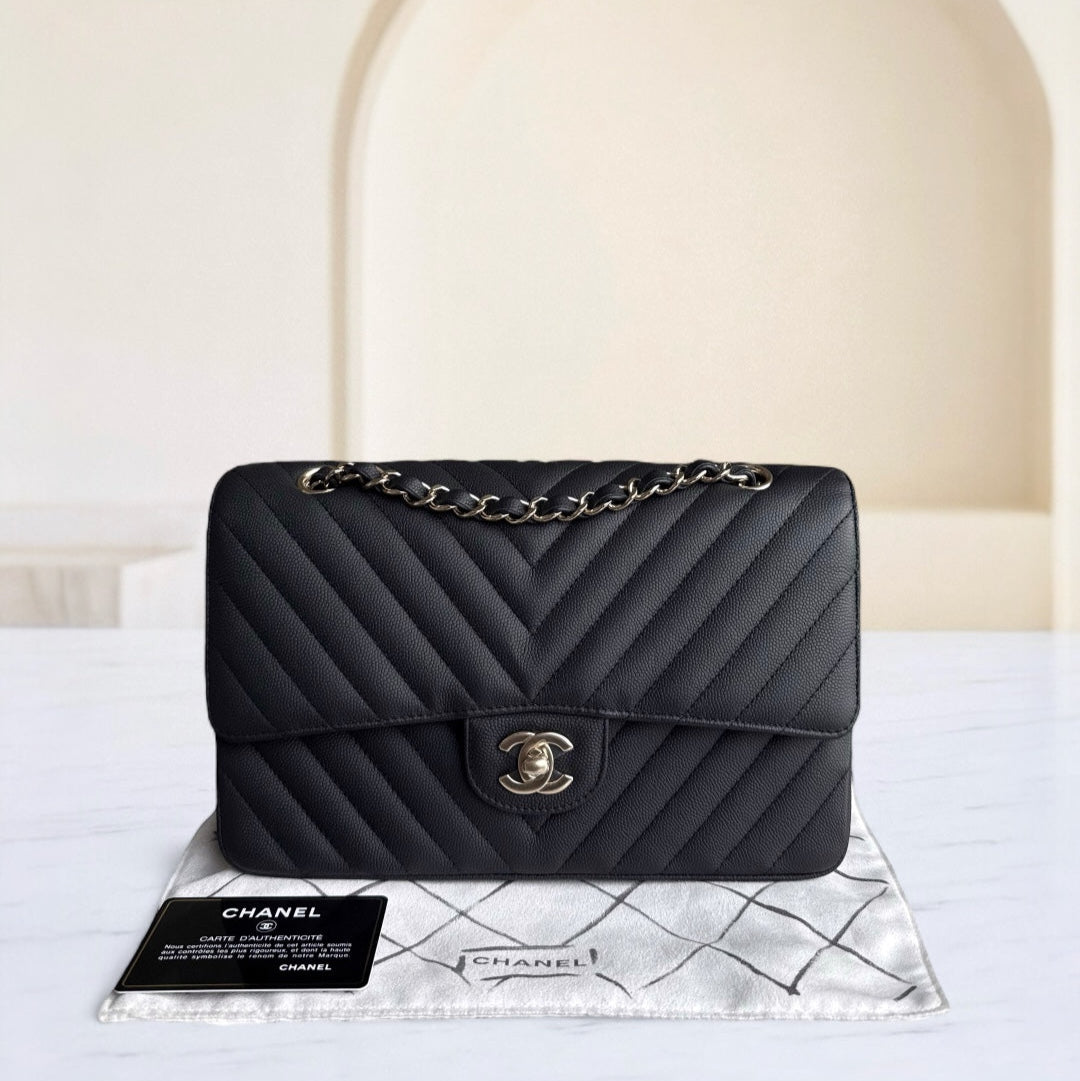 Chanel Classic Flap Medium - Togo/epsom/caviar/clemence/callfskin/cowhide/lambskin 25CM Chevron Grained CalBNkin Black Gold Hardware Series 27
