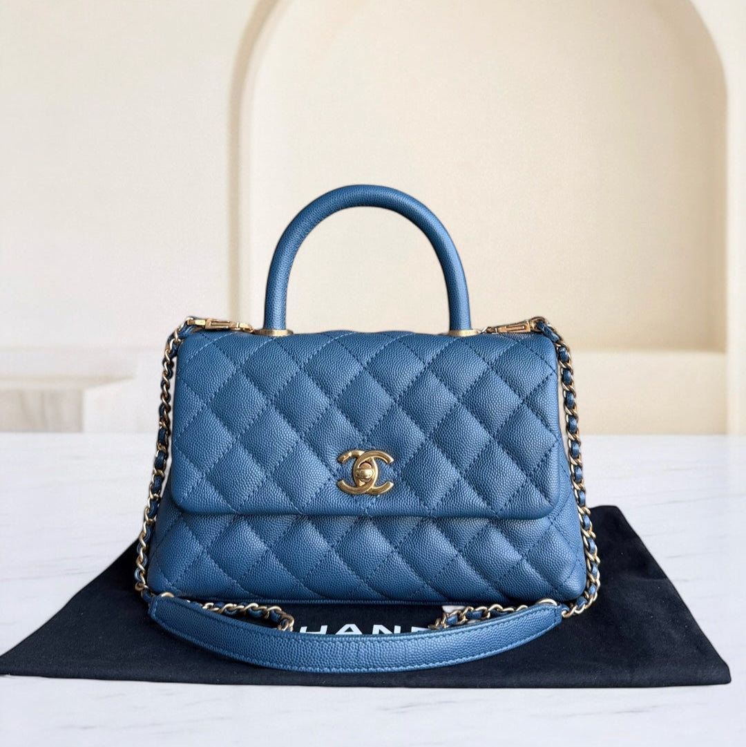 Chanel Coco Handle Small - Togo/epsom/caviar/clemence/callfskin/cowhide/lambskin Quilted Grained CalBNkin Blue Gold Hardware Series 24
