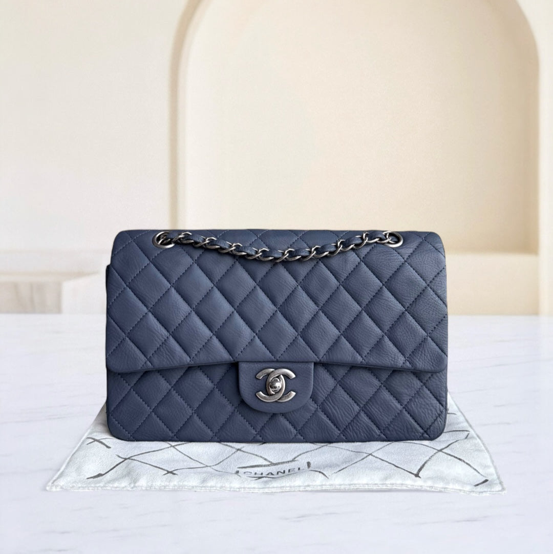 Chanel Classic Flap Medium - 25CM CalBNkin Quilted Blue Silver Hardware Series 17