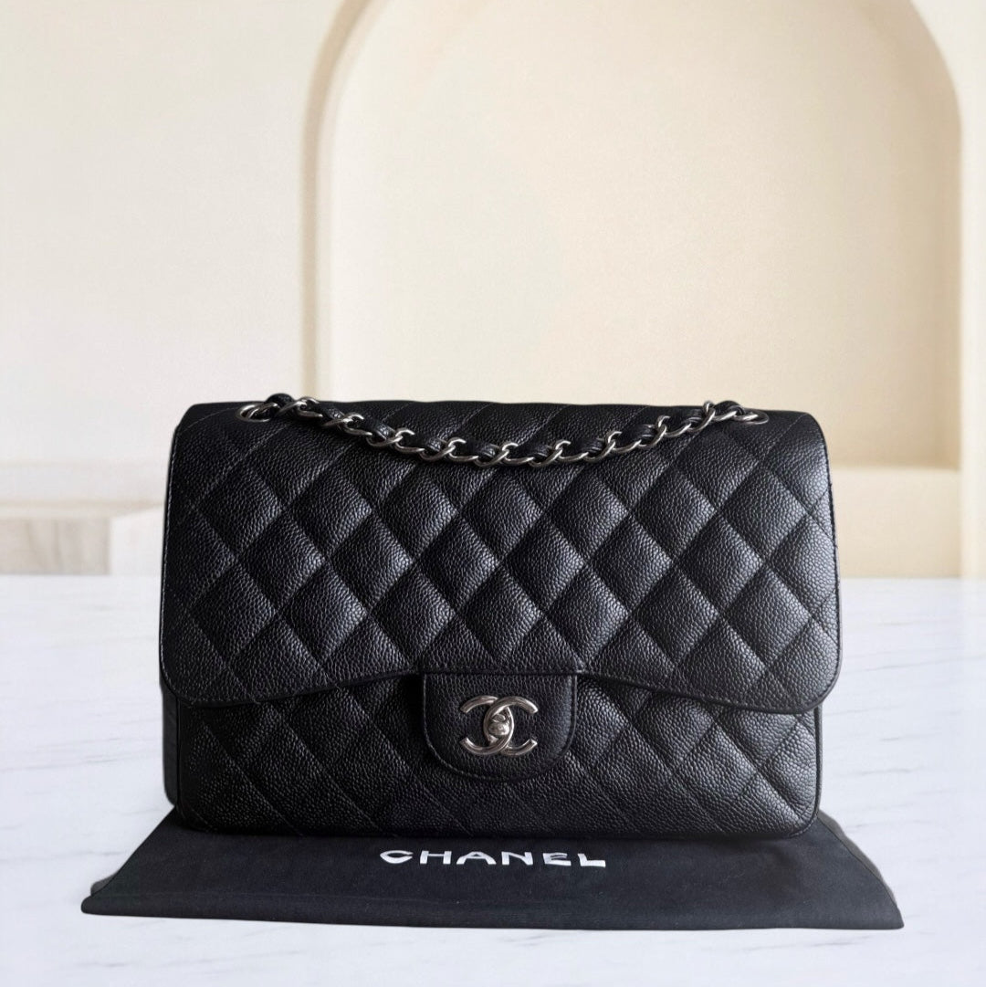 Chanel Classic Flap Jumbo - Togo/epsom/caviar/clemence/callfskin/cowhide/lambskin 30CM Double Flap Quilted Grained CalBNkin Black Silver Hardware Series 19