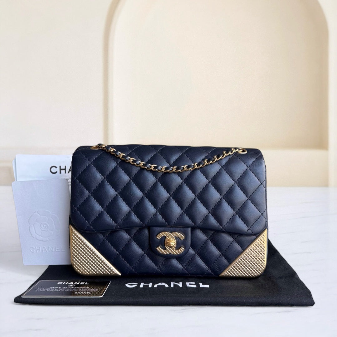 Chanel Classic Flap Seasonal - Rock The Corner Quilted CalBNkin Dark Blue Gold Hardware Series 23