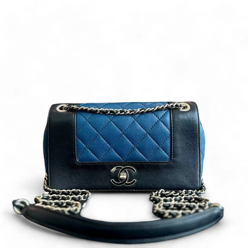 Chanel Seasonal Flap - Mademoiselle Small 20CM CalBNkin Two-Tone Black Blue Golden Hardware Series 23