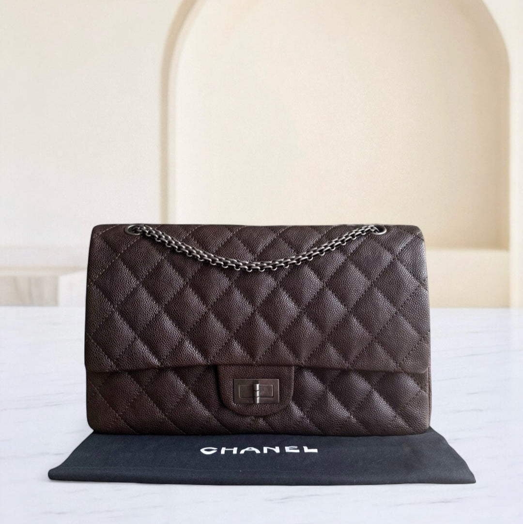 Chanel 2.55 Reissue 227 - Togo/epsom/caviar/clemence/callfskin/cowhide/lambskin Quilted Grained CalBNkin Dark Brown Silver Hardware Series 14