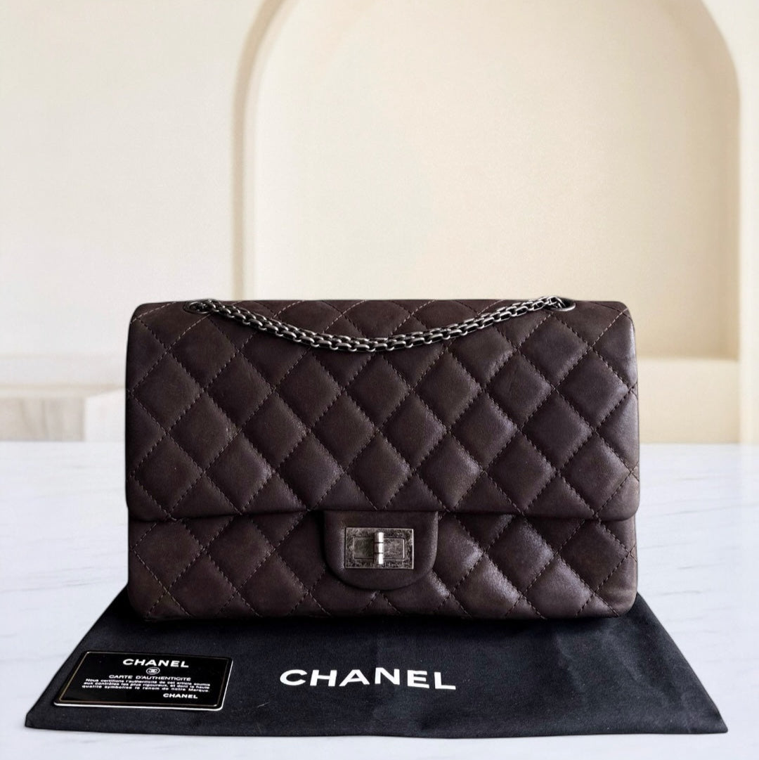 Chanel 2.55 Reissue 227 Maxi - Quilted Iridescent CalBNkin Dark Brown Silver Hardware Series 14