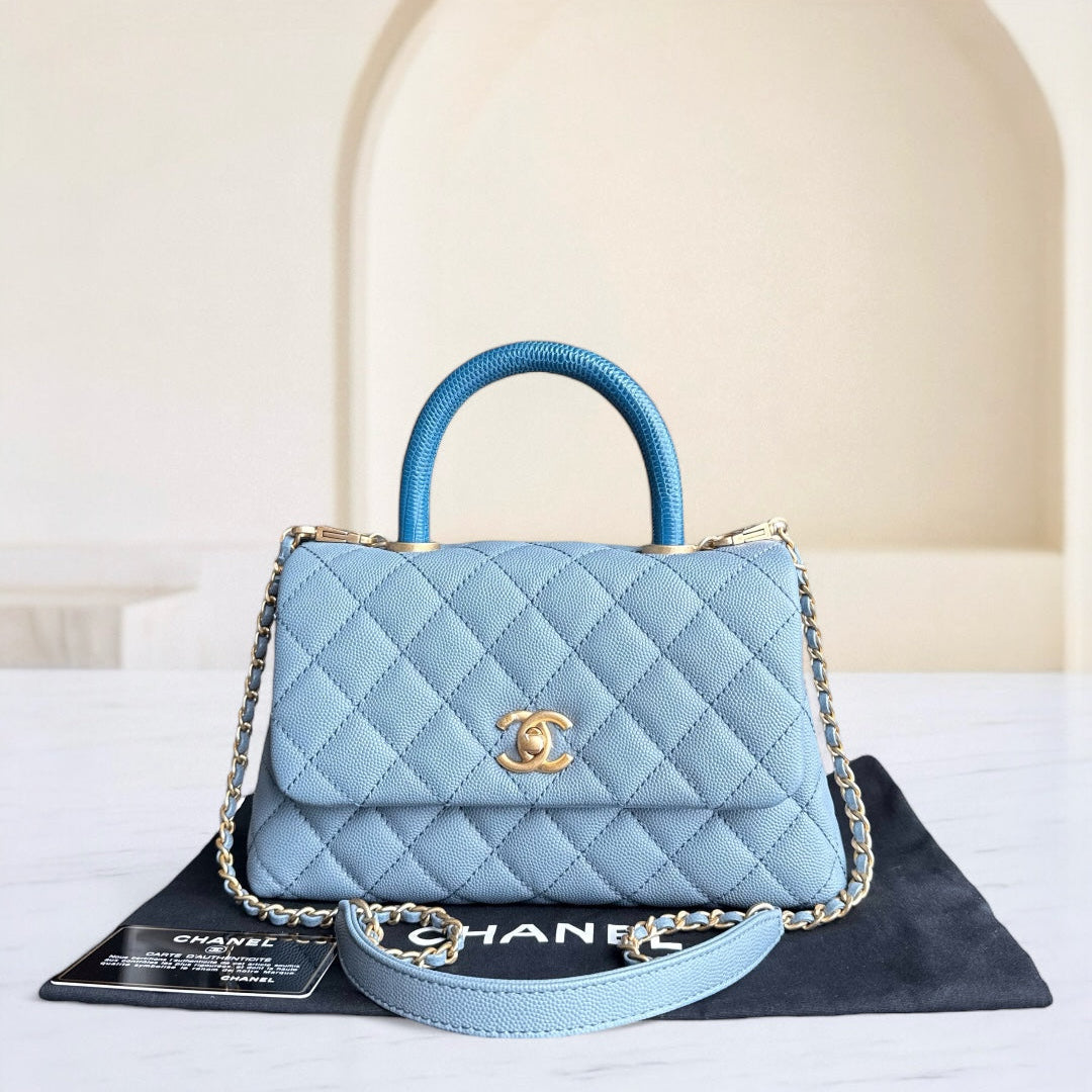 Chanel Coco Handle Small - Togo/epsom/caviar/clemence/callfskin/cowhide/lambskin 25CM Quilted Grained CalBNkin Light Sky Blue Gold Hardware Series 27