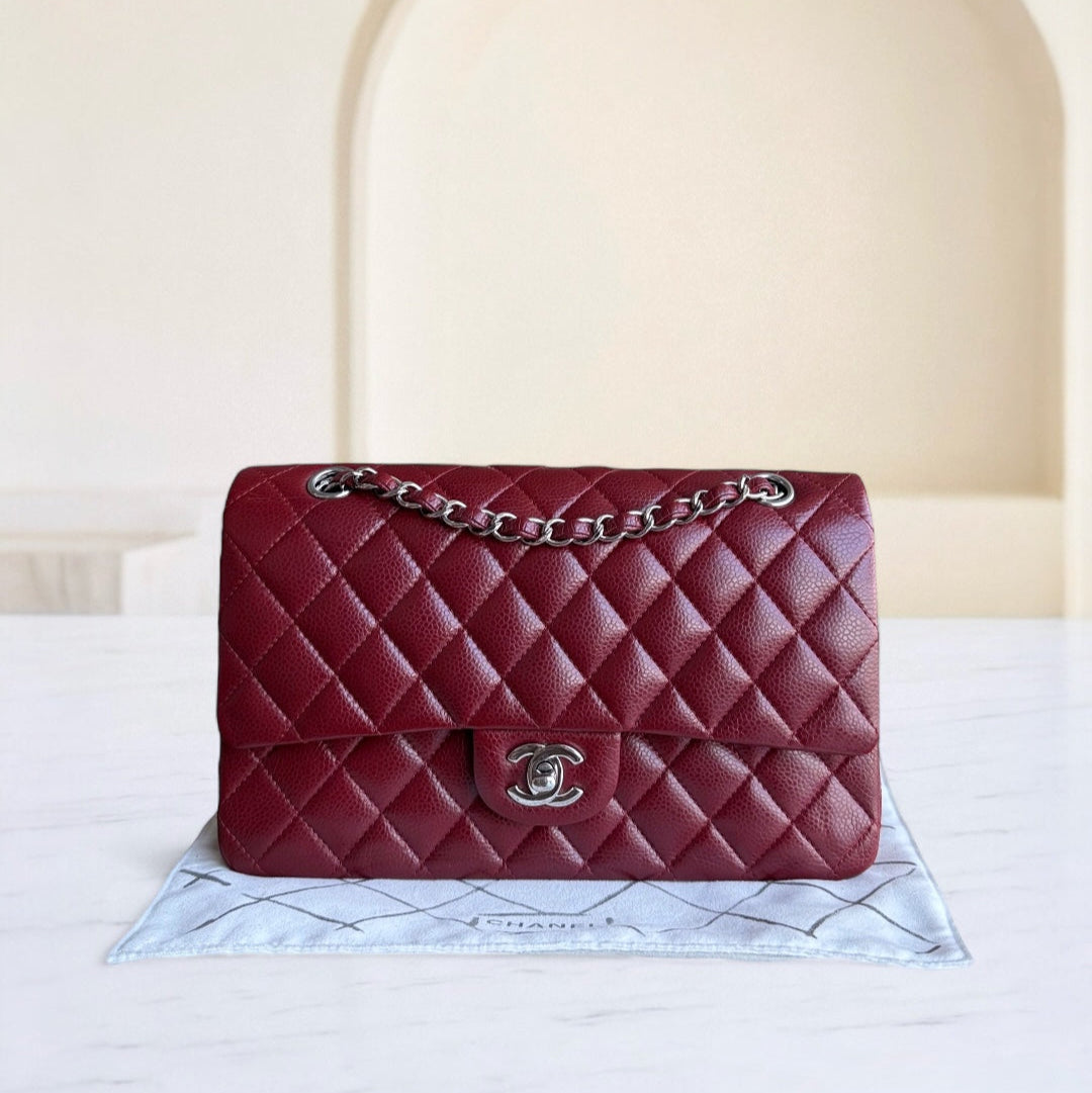 Chanel Classic Flap Medium - Togo/epsom/caviar/clemence/callfskin/cowhide/lambskin 25CM Quilted Grained CalBNkin Burgundy Dark Red Silver Hardware Series 15