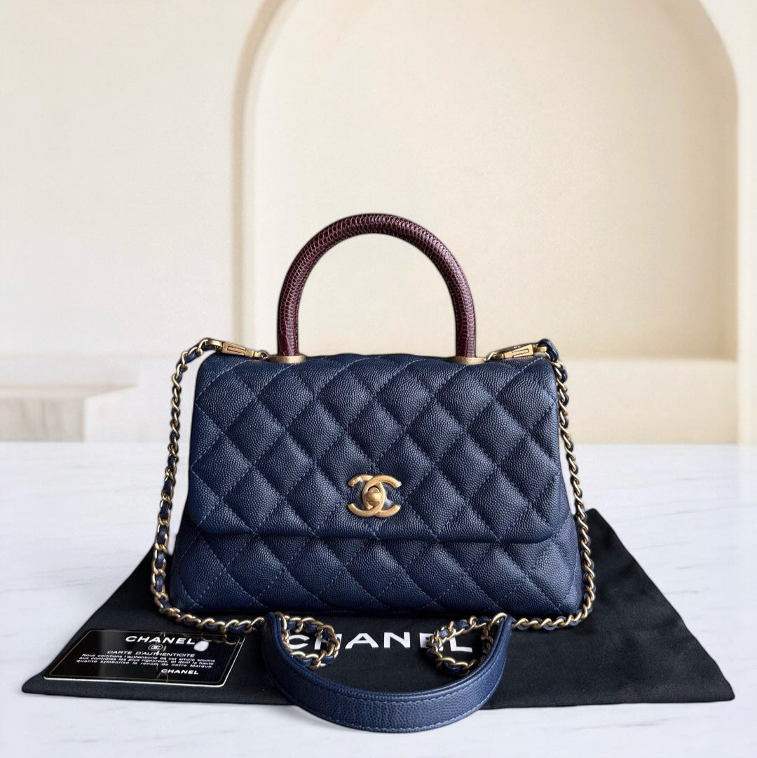 Chanel Coco Handle Small - Togo/epsom/caviar/clemence/callfskin/cowhide/lambskin Quilted Grained CalBNkin Dark Navy Blue Lizard Handle Gold Hardware Series 24