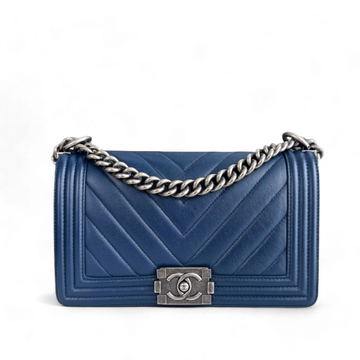 Chanel Boy Medium - Togo/epsom/caviar/clemence/callfskin/cowhide/lambskin Chevron Dark Blue Ruthenium Silver Hardware Series 24