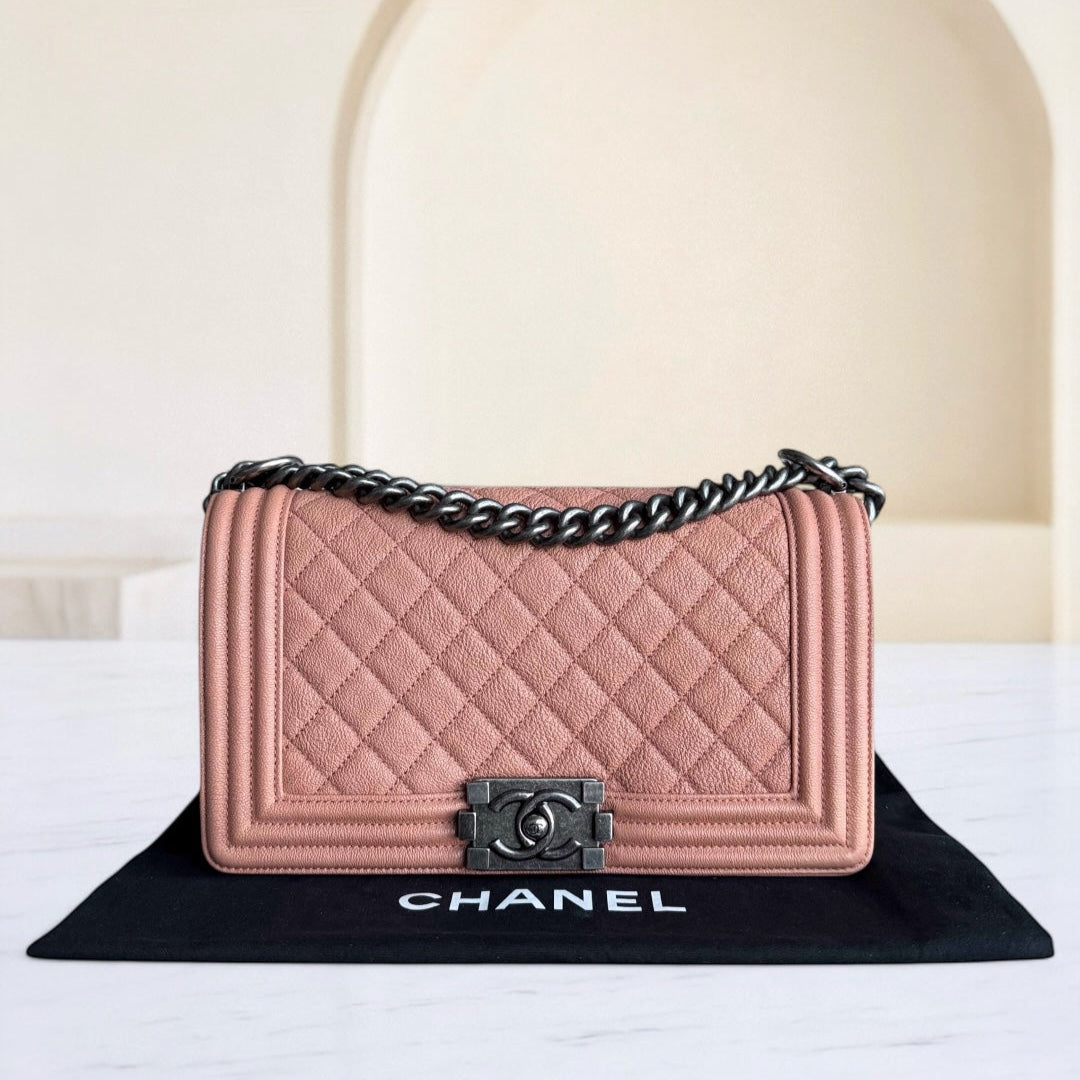 Chanel Boy Medium - Togo/epsom/caviar/clemence/callfskin/cowhide/lambskin 25CM Quilted Grained CalBNkin Nude Blush Caramel Ruthenium Silver Hardware Series 26