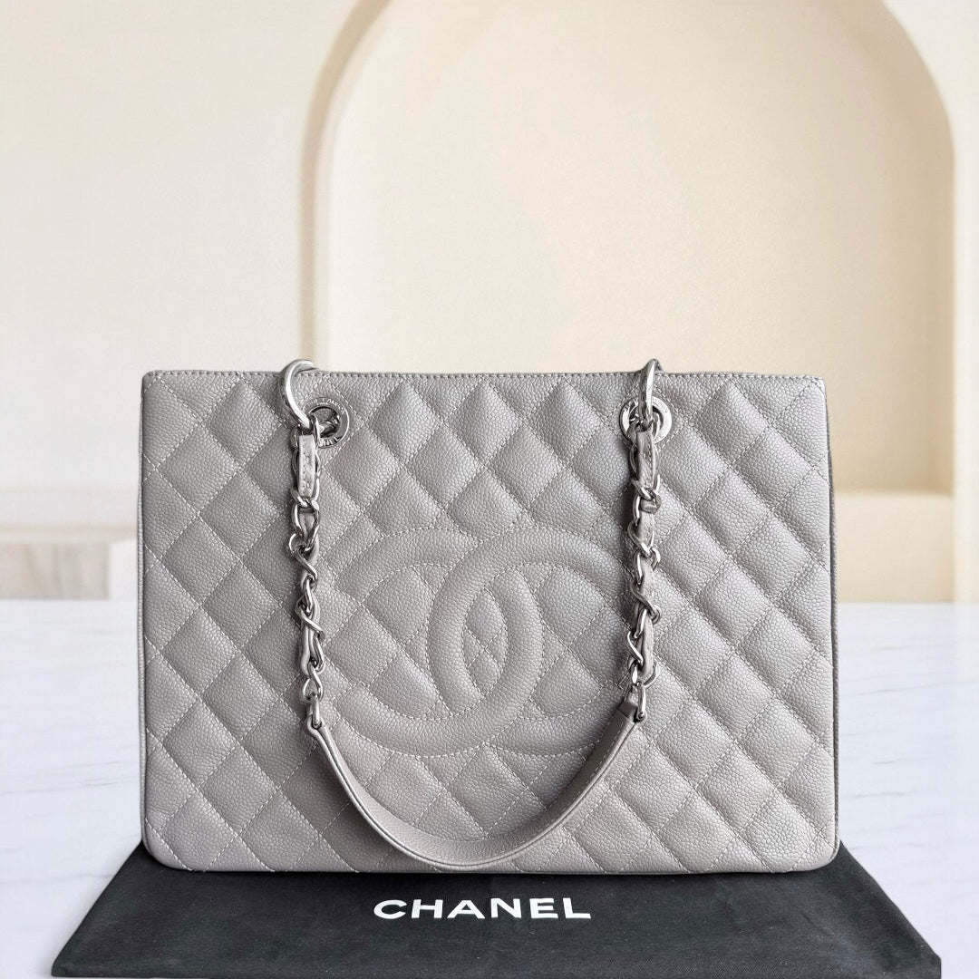 Chanel GST Grand Shopping Tote - Togo/epsom/caviar/clemence/callfskin/cowhide/lambskin Quilted Grained CalBNkin Grey Gray Silver Hardware
