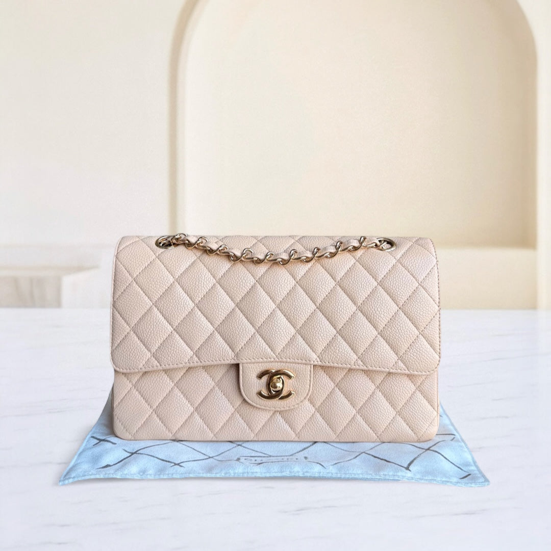 Chanel Classic Flap Medium - Togo/epsom/caviar/clemence/callfskin/cowhide/lambskin 25CM Quilted Grained CalBNkin Beige Gold Hardware Series 13