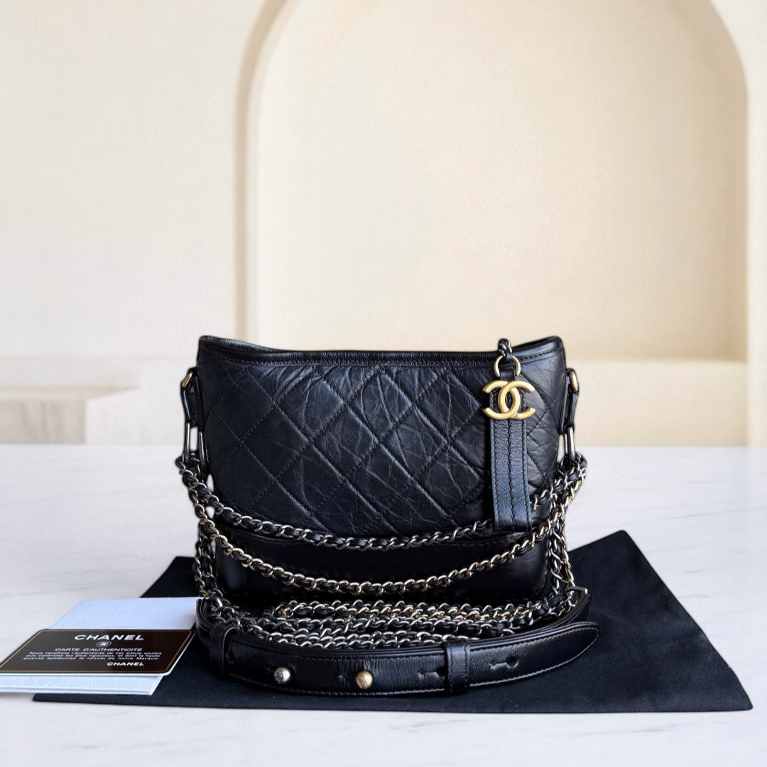 Chanel Gabrielle Small - Quilted Aged CalBNkin Black Two-tone Gold Hardware Series 26