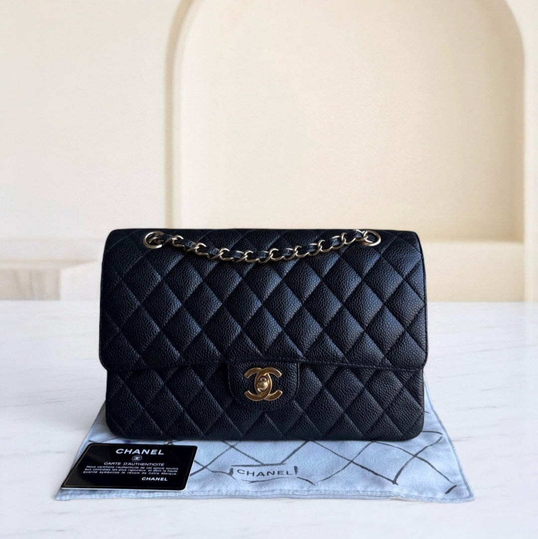 Chanel Classic Flap Medium - Togo/epsom/caviar/clemence/callfskin/cowhide/lambskin 25CM Quilted Grained CalBNkin Black Gold Hardware Series 13