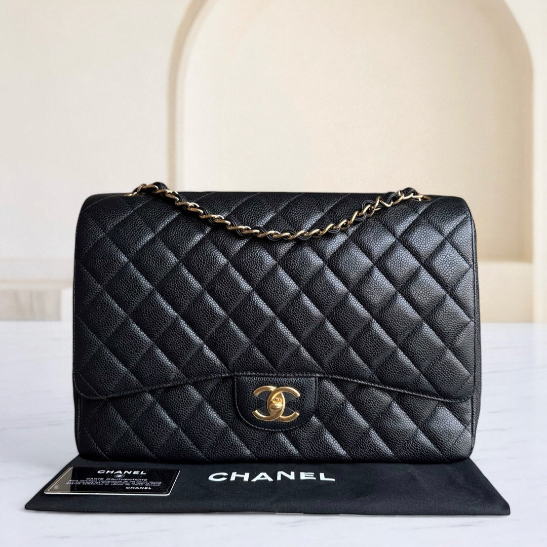 Chanel Classic Flap Maxi - Togo/epsom/caviar/clemence/callfskin/cowhide/lambskin 33CM Quilted Grained CalBNkin Black Gold Hardware Series 19