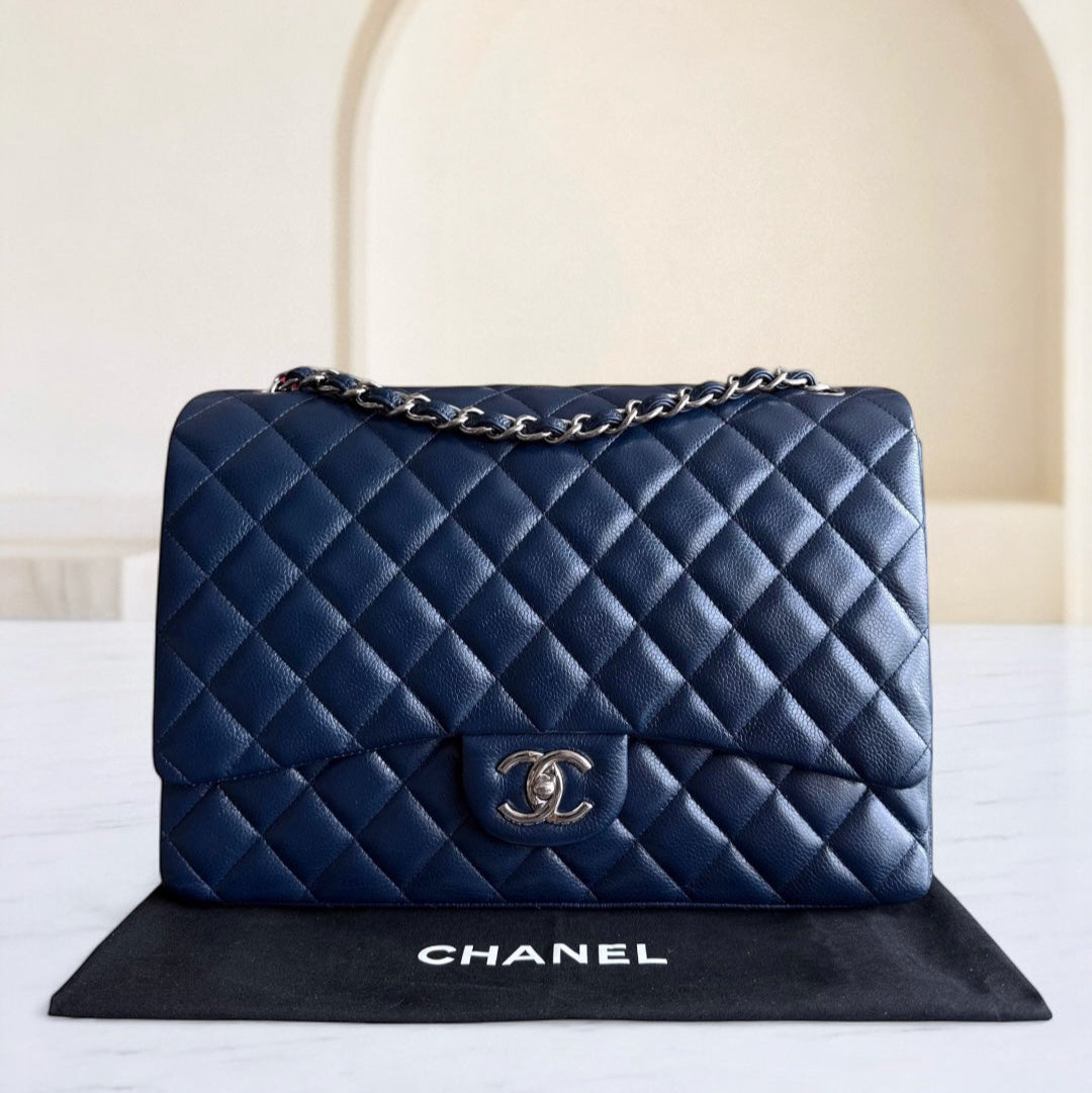 Chanel Classic Flap Maxi - Togo/epsom/caviar/clemence/callfskin/cowhide/lambskin Double Flap Quilted Grained CalBNkin Dark Navy Blue Silver Hardware Series 15