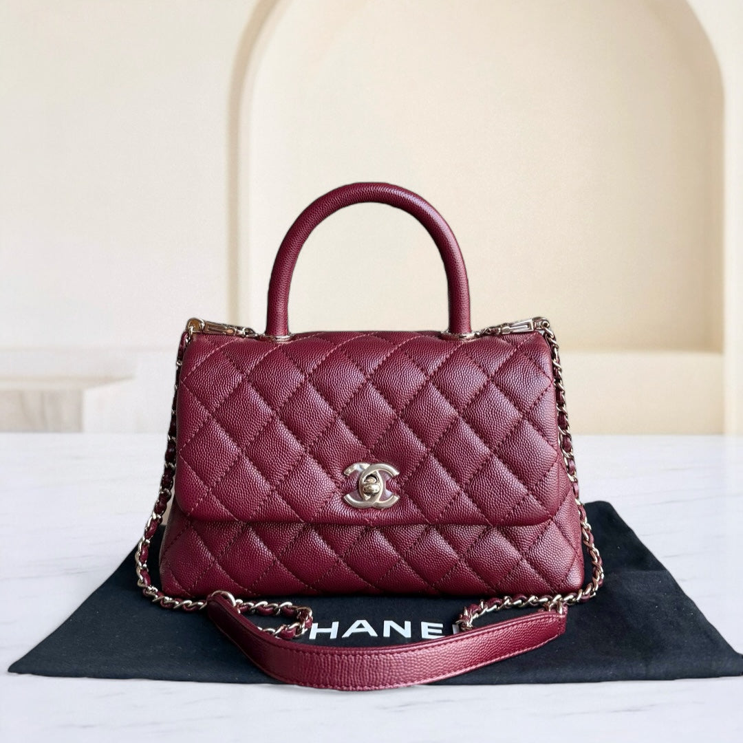 Chanel Coco Handle Small - Togo/epsom/caviar/clemence/callfskin/cowhide/lambskin Quilted Grained CalBNkin Dark Red Burgundy Gold Hardware Series 30