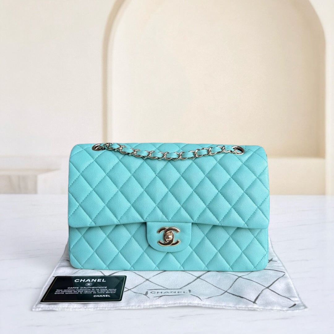 Chanel Classic Flap Medium - Togo/epsom/caviar/clemence/callfskin/cowhide/lambskin 25CM Quilted Grained CalBNkin Light Blue Gold Hardware Series 26